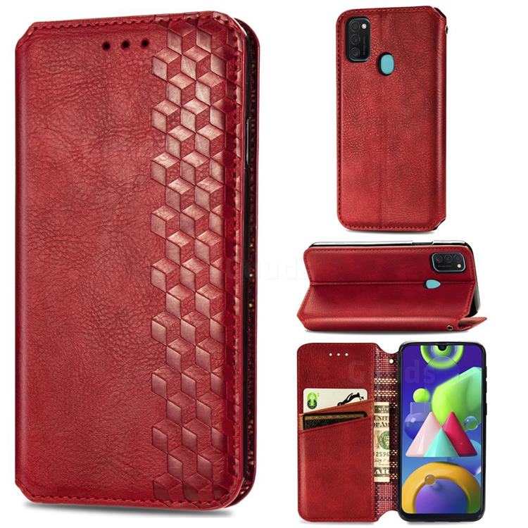 Ultra Slim Fashion Business Card Magnetic Automatic Suction Leather Flip Cover for Samsung Galaxy M21 - Red