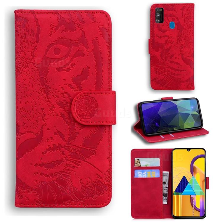 Intricate Embossing Tiger Face Leather Wallet Case for Samsung Galaxy M21 - Red