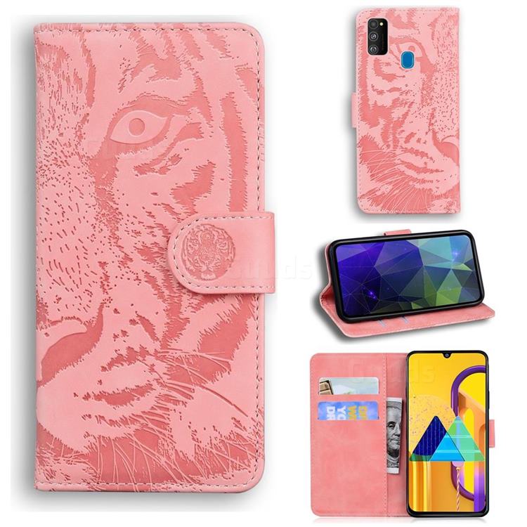 Intricate Embossing Tiger Face Leather Wallet Case for Samsung Galaxy M21 - Pink