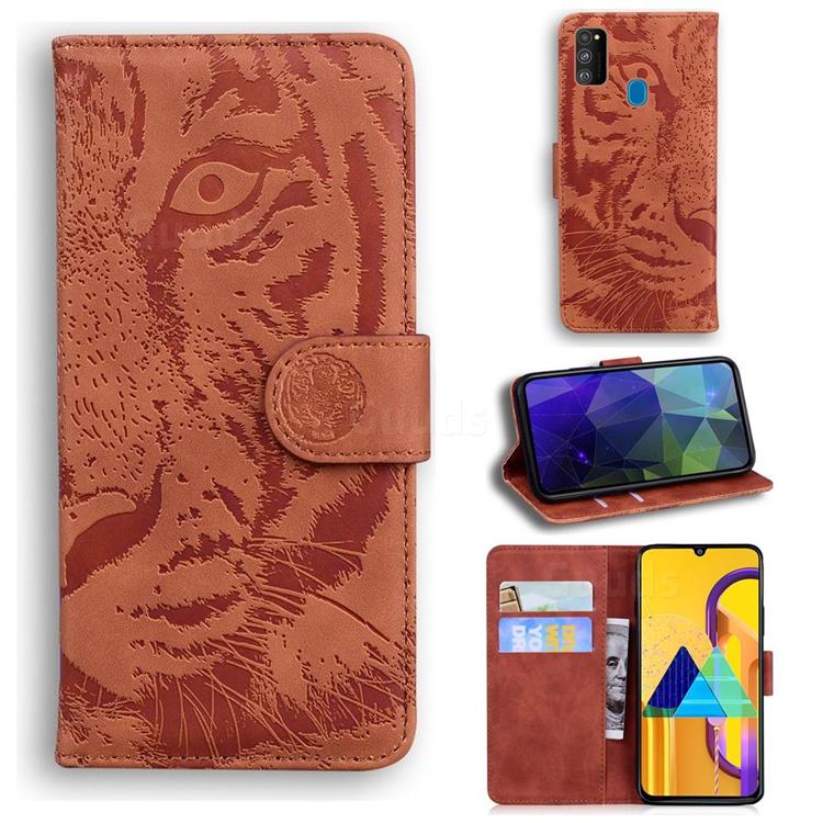 Intricate Embossing Tiger Face Leather Wallet Case for Samsung Galaxy M21 - Brown