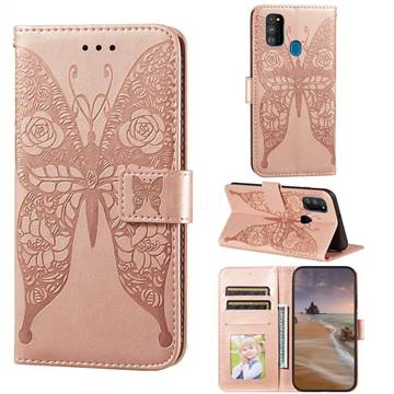 Intricate Embossing Rose Flower Butterfly Leather Wallet Case for Samsung Galaxy M21 - Rose Gold