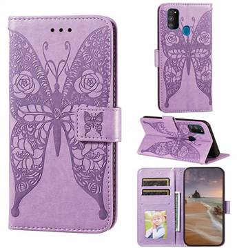 Intricate Embossing Rose Flower Butterfly Leather Wallet Case for Samsung Galaxy M21 - Purple