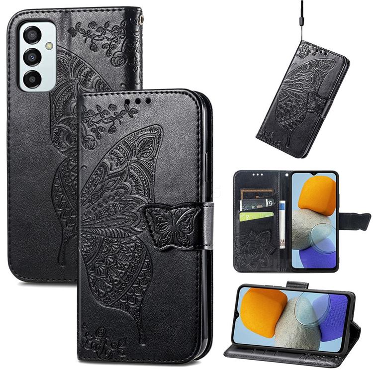 Embossing Mandala Flower Butterfly Leather Wallet Case for Samsung Galaxy M23 - Black