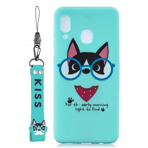 Green Glasses Dog Soft Kiss Candy Hand Strap Silicone Case for Samsung Galaxy M30