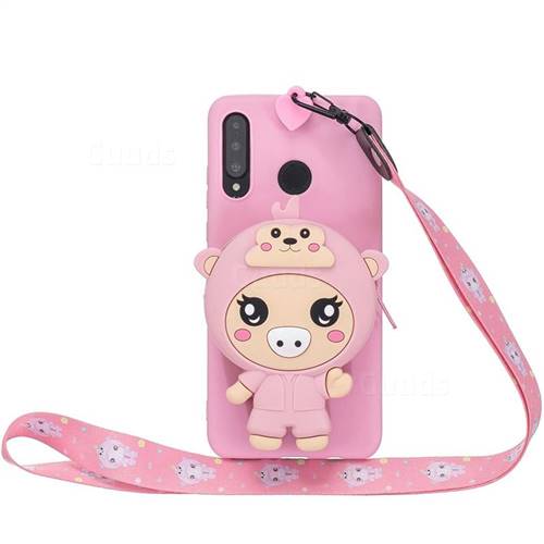 Pink Pig Neck Lanyard Zipper Wallet Silicone Case for Samsung Galaxy M30