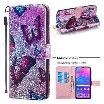 Blue Butterfly Sequins Painted Leather Wallet Case for Samsung Galaxy M30