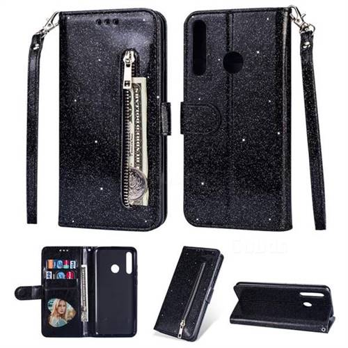 Glitter Shine Leather Zipper Wallet Phone Case for Samsung Galaxy M30 - Black