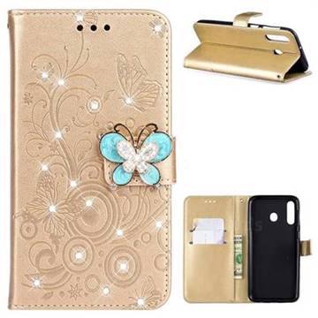 Embossing Butterfly Circle Rhinestone Leather Wallet Case for Samsung Galaxy M30 - Champagne