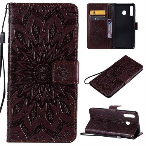 Embossing Sunflower Leather Wallet Case for Samsung Galaxy M30 - Brown