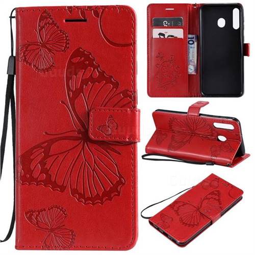 Embossing 3D Butterfly Leather Wallet Case for Samsung Galaxy M30 - Red