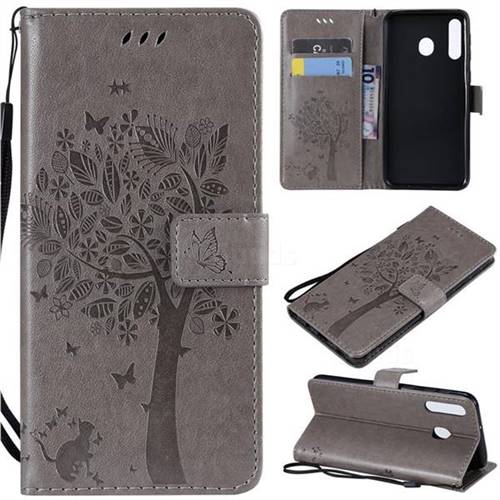 Embossing Butterfly Tree Leather Wallet Case for Samsung Galaxy M30 - Grey