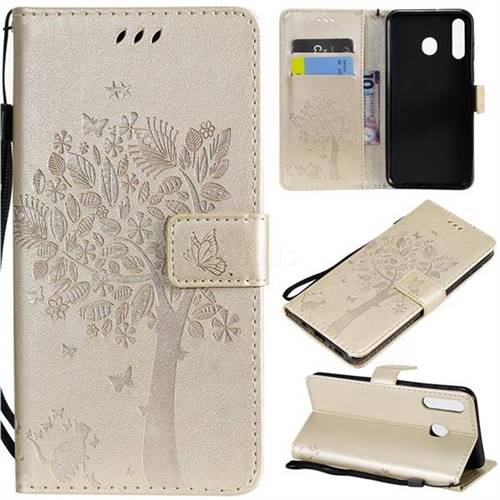 Embossing Butterfly Tree Leather Wallet Case for Samsung Galaxy M30 - Champagne