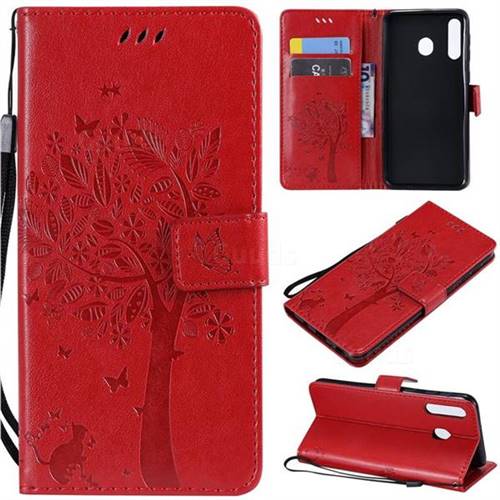 Embossing Butterfly Tree Leather Wallet Case for Samsung Galaxy M30 - Red
