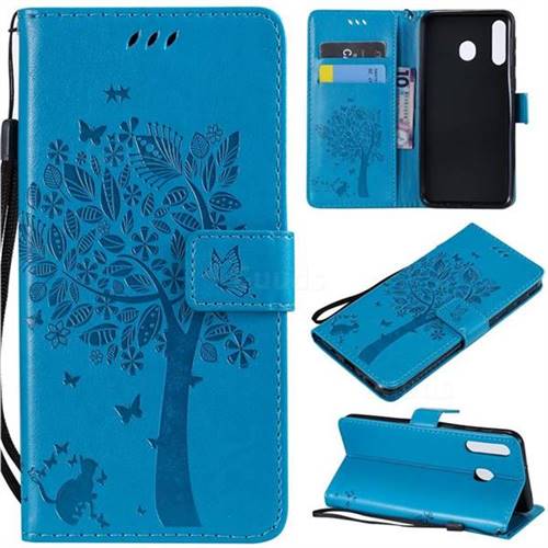 Embossing Butterfly Tree Leather Wallet Case for Samsung Galaxy M30 - Blue