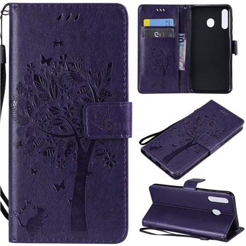 Embossing Butterfly Tree Leather Wallet Case for Samsung Galaxy M30 - Purple