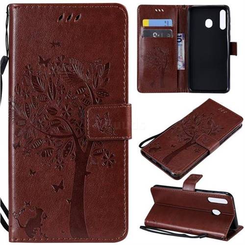 Embossing Butterfly Tree Leather Wallet Case for Samsung Galaxy M30 - Coffee