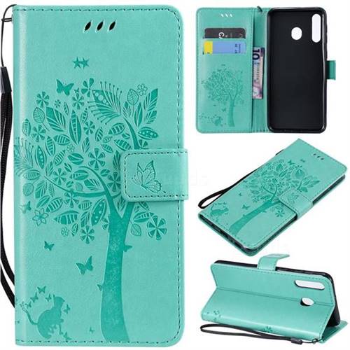 Embossing Butterfly Tree Leather Wallet Case for Samsung Galaxy M30 - Cyan