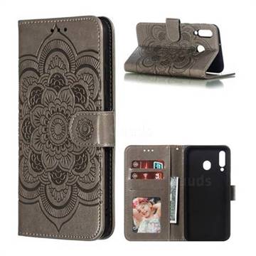 Intricate Embossing Datura Solar Leather Wallet Case for Samsung Galaxy M30 - Gray