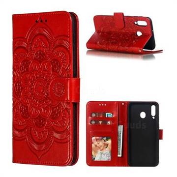 Intricate Embossing Datura Solar Leather Wallet Case for Samsung Galaxy M30 - Red