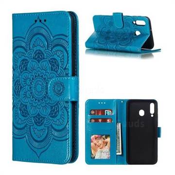 Intricate Embossing Datura Solar Leather Wallet Case for Samsung Galaxy M30 - Blue
