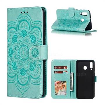 Intricate Embossing Datura Solar Leather Wallet Case for Samsung Galaxy M30 - Green
