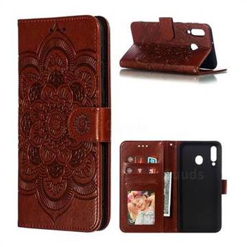 Intricate Embossing Datura Solar Leather Wallet Case for Samsung Galaxy M30 - Brown