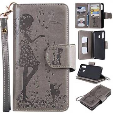 Embossing Cat Girl 9 Card Leather Wallet Case for Samsung Galaxy M30 - Gray