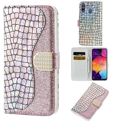 Glitter Diamond Buckle Laser Stitching Leather Wallet Phone Case for Samsung Galaxy M30 - Pink
