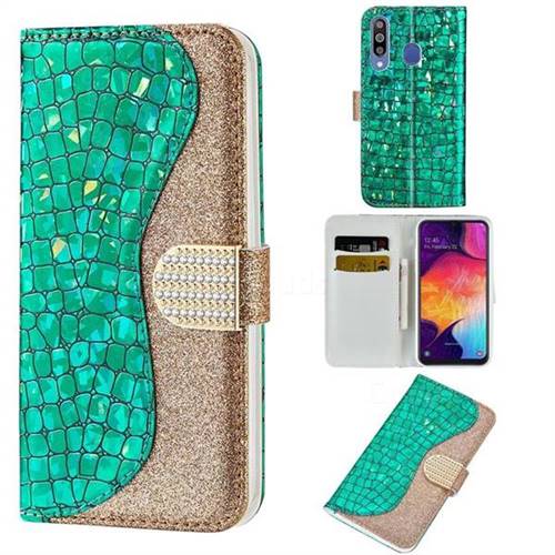 Glitter Diamond Buckle Laser Stitching Leather Wallet Phone Case for Samsung Galaxy M30 - Green