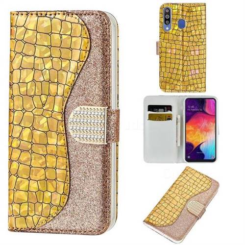 Glitter Diamond Buckle Laser Stitching Leather Wallet Phone Case for Samsung Galaxy M30 - Gold