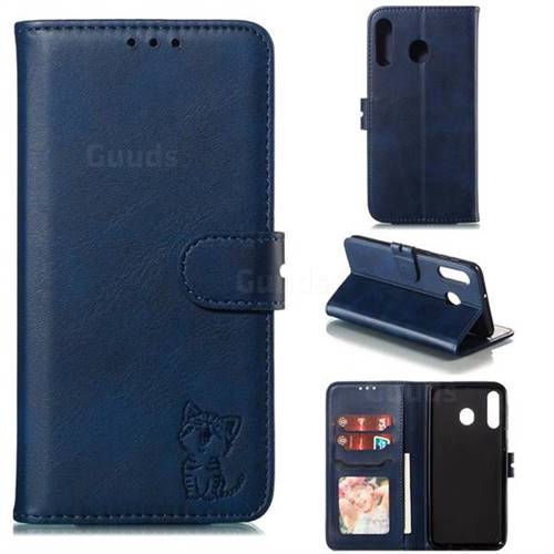 Embossing Happy Cat Leather Wallet Case for Samsung Galaxy M30 - Blue