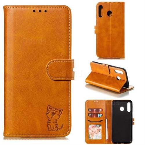 Embossing Happy Cat Leather Wallet Case for Samsung Galaxy M30 - Yellow
