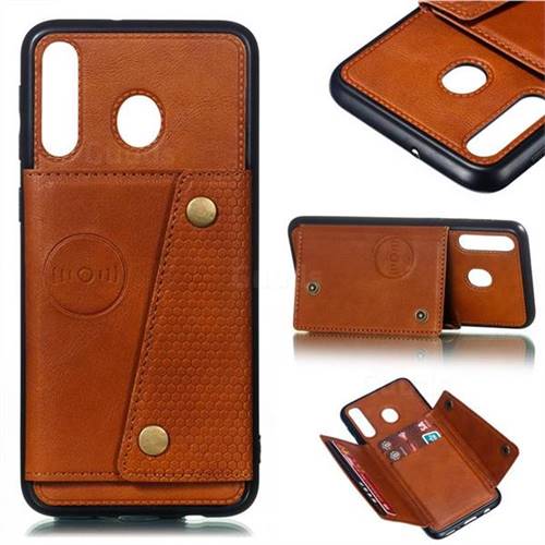 Retro Multifunction Card Slots Stand Leather Coated Phone Back Cover for Samsung Galaxy M30 - Brown