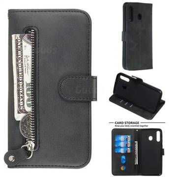 Retro Luxury Zipper Leather Phone Wallet Case for Samsung Galaxy M30 - Black