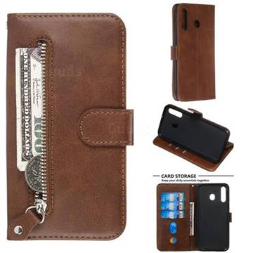 Retro Luxury Zipper Leather Phone Wallet Case for Samsung Galaxy M30 - Brown