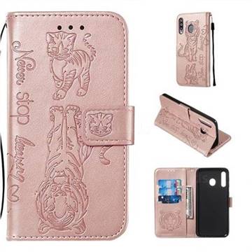 Embossing Tiger and Cat Leather Wallet Case for Samsung Galaxy M30 - Rose Gold