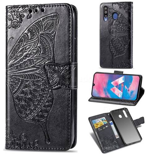 Embossing Mandala Flower Butterfly Leather Wallet Case for Samsung Galaxy M30 - Black