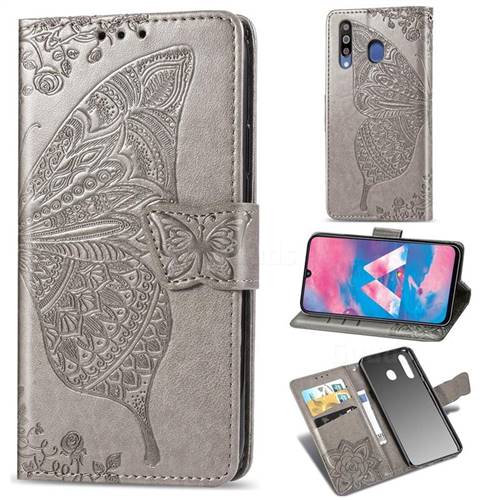 Embossing Mandala Flower Butterfly Leather Wallet Case for Samsung Galaxy M30 - Gray