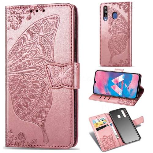 Embossing Mandala Flower Butterfly Leather Wallet Case for Samsung Galaxy M30 - Rose Gold