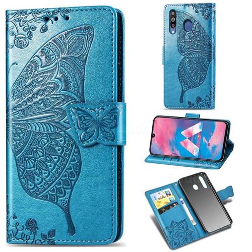 Embossing Mandala Flower Butterfly Leather Wallet Case for Samsung Galaxy M30 - Blue