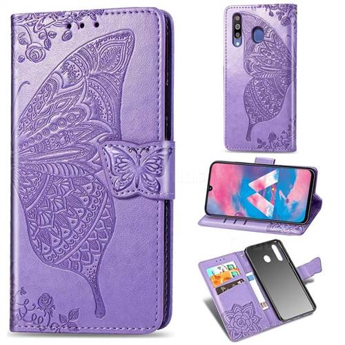 Embossing Mandala Flower Butterfly Leather Wallet Case for Samsung Galaxy M30 - Light Purple