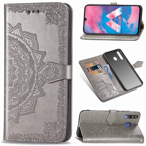 Embossing Imprint Mandala Flower Leather Wallet Case for Samsung Galaxy M30 - Gray