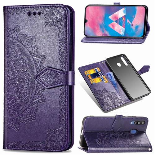 Embossing Imprint Mandala Flower Leather Wallet Case for Samsung Galaxy M30 - Purple
