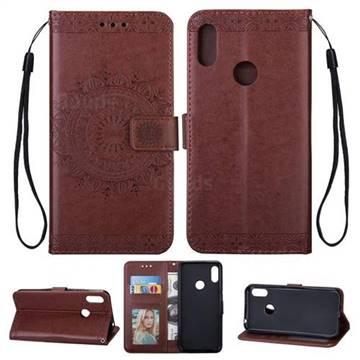 Intricate Embossing Totem Flower Leather Wallet Case for Samsung Galaxy M30 - Brown