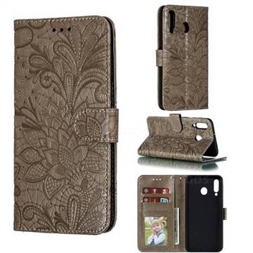 Intricate Embossing Lace Jasmine Flower Leather Wallet Case for Samsung Galaxy M30 - Gray