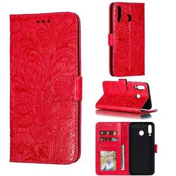 Intricate Embossing Lace Jasmine Flower Leather Wallet Case for Samsung Galaxy M30 - Red