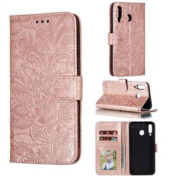 Intricate Embossing Lace Jasmine Flower Leather Wallet Case for Samsung Galaxy M30 - Rose Gold