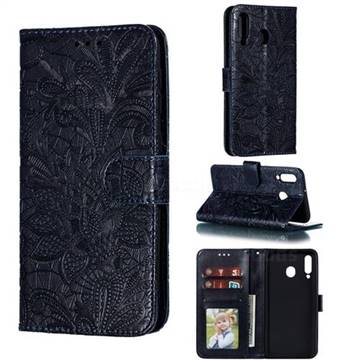 Intricate Embossing Lace Jasmine Flower Leather Wallet Case for Samsung Galaxy M30 - Dark Blue