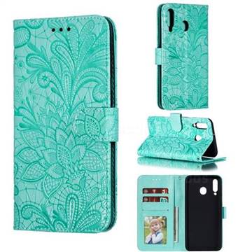 Intricate Embossing Lace Jasmine Flower Leather Wallet Case for Samsung Galaxy M30 - Green