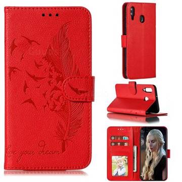 Intricate Embossing Lychee Feather Bird Leather Wallet Case for Samsung Galaxy M30 - Red
